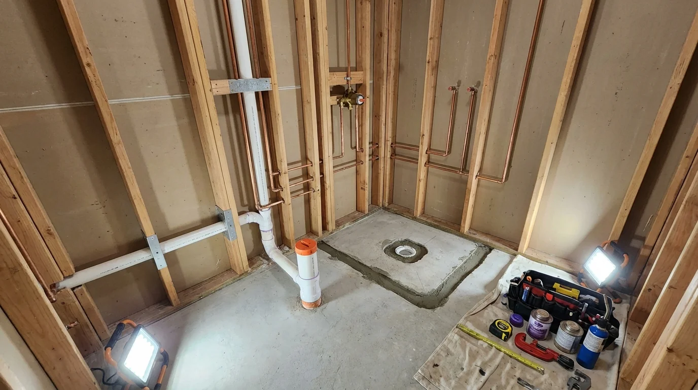 Bathroom rough-in plumbing during remodel by Johns Plumbing LLC in Mount Dora