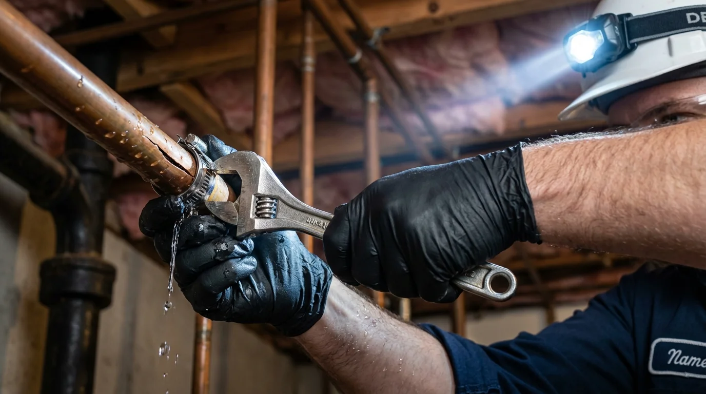 Emergency pipe clamp repair being performed by a Johns Plumbing LLC plumber in Mount Dora