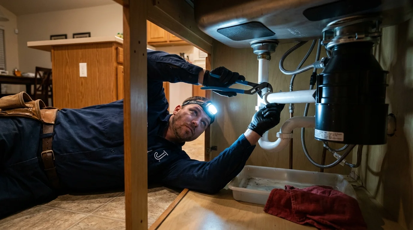 P-trap and supply line connections under a kitchen sink showing a common leak point in Mount Dora, FL